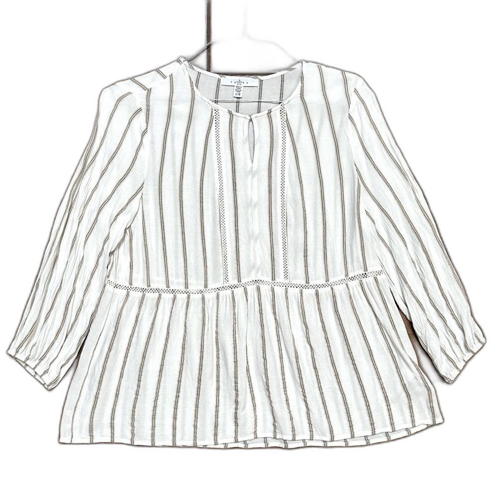 Fever Ladies 3/4 Sleeve Blouse Tan Ivory Trick Striped Peplum Boho Top L